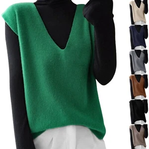 Autumn Winter Women Knitted Sweater Vest Sleeveless V Neck Pullover Loose Tops - Picture 1 of 40