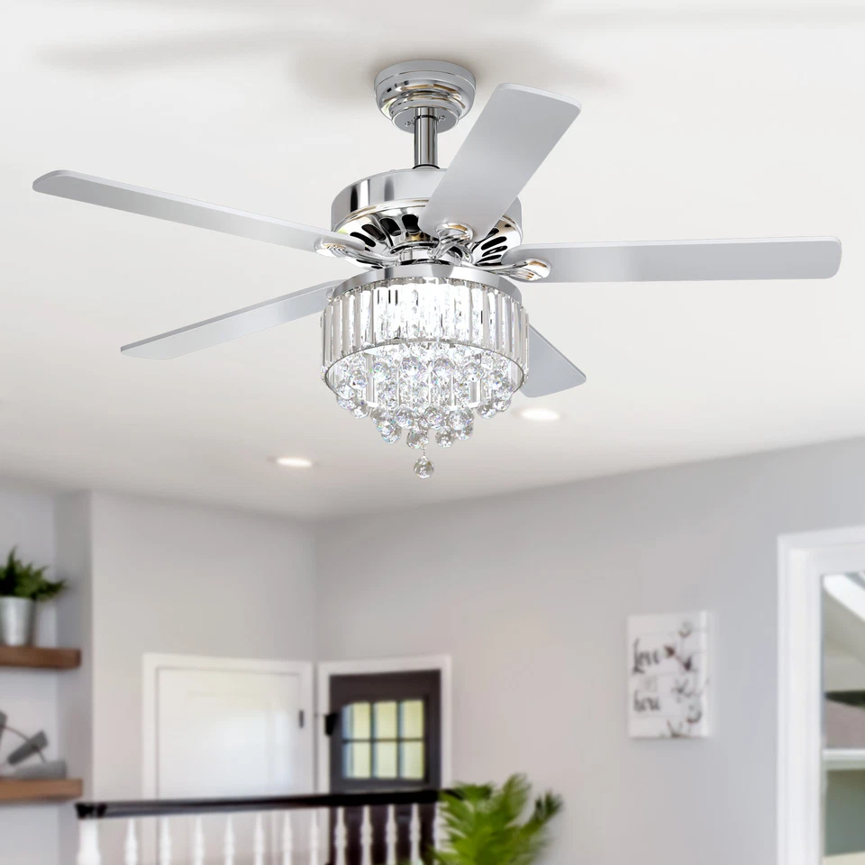 52 Inch Ceiling Fan with Light & Remote Bedroom Modern Crystal Fan Light Chrome - Image 1 of 4