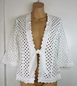 Peck & Peck Damen Gr. 4 OFFEN GEWEBTE ÖSE CARDIGAN KNACKIG WEISS GERIFFELT ÄRMEL - Bild 1 von 12