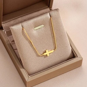 18K Gold Plated Chain Cross Necklace for Women, Waterproof Punk Choker Jewelry - Picture 1 of 7