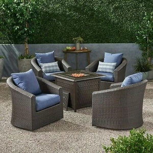 Dillard Outdoor 4 Seater Wicker Swivel Chair and Fire Pit Set - Picture 1 of 20