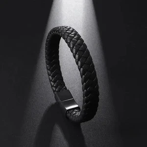 Woven Leather Bracelet Black Single Layer Magnetic Clasp Band Men 1 Pc - Picture 1 of 49