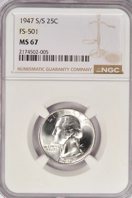 1947 S/S FS-501 Washington Quarter NGC MS 67 Variety Silver Coin 25C - Image 1 of 2