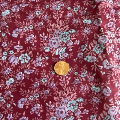1.6 YD Burgundy Floral Fabric Vintage Cotton Print - Image 1 of 4