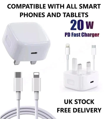 For iPhone 17 16 Pro Max Plus 7 8 Fast Charging 20W USB-C PD Plug Charger Cable - Image 1 of 4