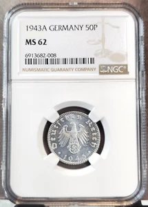 1943 GERMANY 50 PFENNIG WORLD WAR II NAZI NGC MS 62 NICE LUSTER - Picture 1 of 3