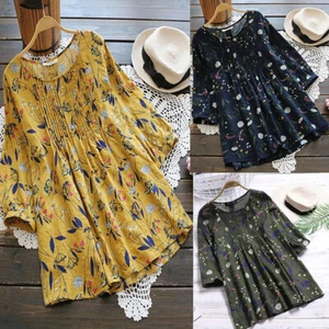Women Floral Boho Cotton Linen Loose Top Ladies Summer Casual Loose Shirt Blouse - Picture 1 of 16