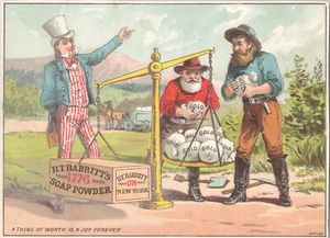 B.T. Babbitt's 1776 Soap Powder - Uncle Sam Gold Miners - Victorian Trade Card - Picture 1 of 3