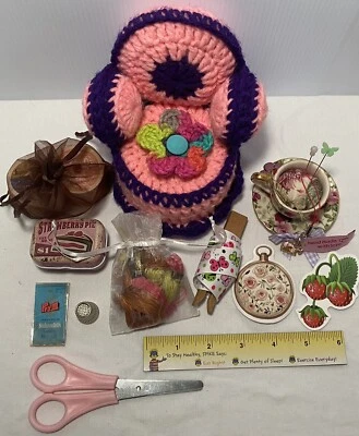 2 Sewing Pin cushions Notions Pink Chair Tea Cup Pink Machine Charm 184 - Image 1 of 4