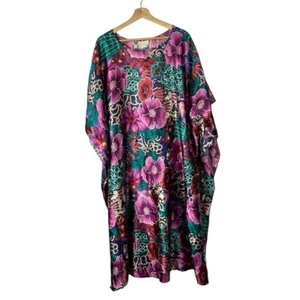 Vintage California Dynasty Purple & Teal Floral Satin Midi Kaftan L - Picture 1 of 7