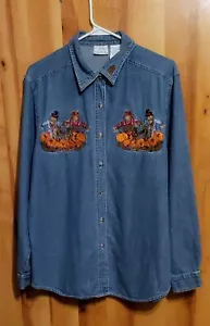 Bobbie Brooks Large Embroidered Blue Denim Shirt Button Front - Picture 1 of 7