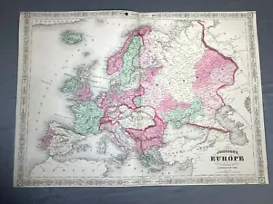 1864 EUROPE Map with Colored Countries, 16" x 13 1/8" ~ A.J. Johnson Map - Picture 1 of 12