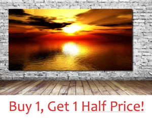 GOLD LAKE SUNSET SCENERY CANVAS WALL ART - Framed - YELLOW NATURE PICTURE PRINT - Picture 1 of 7