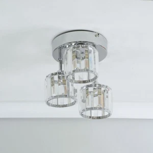 Silver 3 Drop Ceiling Light Fitting Clear Glass Jewels LED Bulbs Living Room - Picture 1 of 8