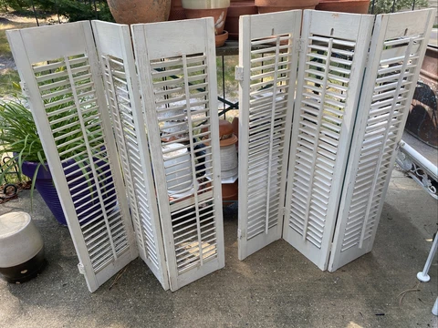 Vtg pair Shabby Chic White Painted Tri-fold Wood Window Shutters Louver Cover