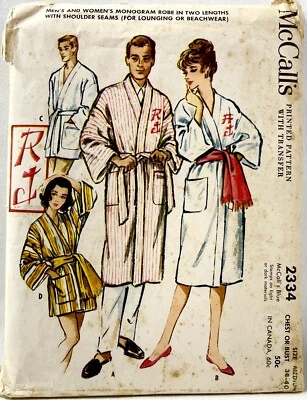 Bata con monograma McCalls 1959 patrón de costura 2334 para hombre y mujer 2 longitudes 38-40 14429 Foto 1 de 2