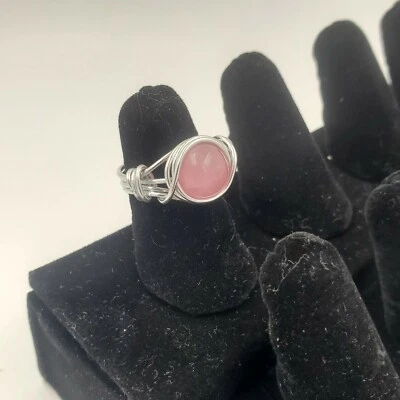 Anillo de plata envuelto en alambre con piedra de cristal rosa ojo de gato, para mujer, niña, regalo Foto 1 de 4