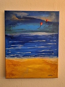 HOKi-painting of Beach,blue Beachscape,OOAK,GIFT,14x11,wall decor,LIMITED,Signed - Picture 1 of 9