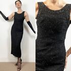 Vintage 90s Black Silk Beaded Maxi Evening Dress Sleeveless Bodycon Size M UK 12
