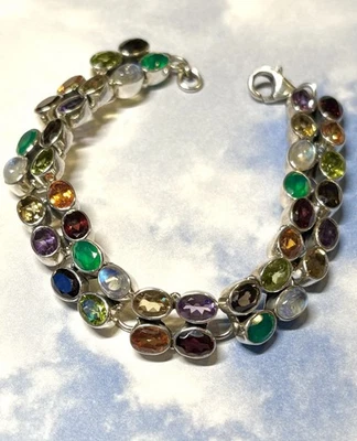 "Brazalete tenis Nicky Butler plata esterlina 2 filas granate amatista citrino 7,5""" Foto 1 de 4