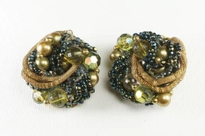 Vintage Beautiful Dark Olive Green and Pearl Clip-on 1" Round Earrings - Picture 1 of 2