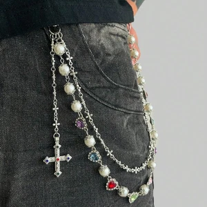 Unisex Punk Hip Hop Style Jean Pants Chain Faux Pearl & Rhinestone Cross Chain - Picture 1 of 3