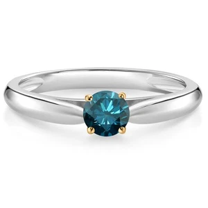 925 Silver and 10K Yellow Gold Ring Blue Diamond Solitaire Engagement Ring For - Picture 1 of 4