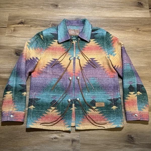 VTG 80s Ralph Lauren MEDIUM Wool Aztec Blanket Jacket Southwestern Fringe Coat M - Picture 1 of 21