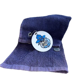 Blue Golf Towel ~19”with State Police Bull Dog Round Plastic Vintage Dog Tag - Picture 1 of 6