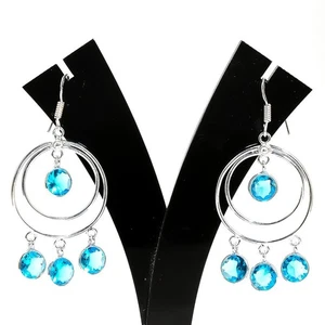 Swiss Blue Topaz Gemstone Handmade 925 Sterling Silver Jewelry Earring Size 2.5" - Picture 1 of 1