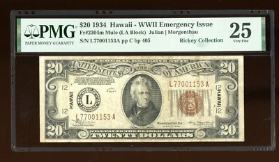 DBR 1934 $20 FRN Hawaii Mule Fr. 2304m PMG 25 Serial L77001153A - Image 1 of 2