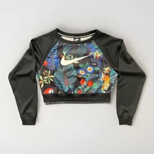 Nike Small Hyper Tropical Crop Sweatshirt Womens Medium Long Sleeve Black Floral - Picture 1 of 3