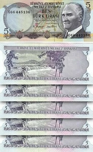 TÜRKEI 5 LIRA 1970 (1976) UNC 5 STÜCK AUFEINANDERFOLGENDES LOT - G - SERIE P.185 - Bild 1 von 4