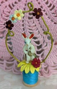 EASTER Decor Handmade with Flowers and VINTAGE Thread Spool & Bunny Rabbit - Picture 1 of 10