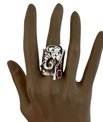 Casual Everyday BOHO Silver Tone Elephant Statement Ring Red Bead/ Stone Size 9 - Image 1 of 3