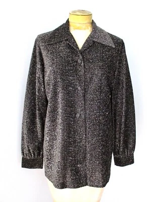 Blusa de noche vintage años 70 discoteca negra plateada metálica brillante brillante top club 16 Foto 1 de 4