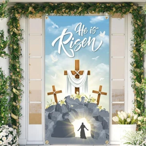 Happy Easter Day Decorations Easter Door Cover Easter Religious Door Cover He Is - Picture 1 of 6