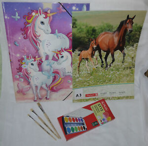 Wasserfarben-Set Zeichenblock A3 Pferd Pony + Pinsel + Herma Sammelmappe Einhorn