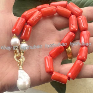 Natural Orange Red Cylinder Coral Gems White Baroque Pearl Pendant Necklace 20" - Picture 1 of 7