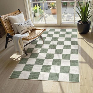 3X5 Washable Area Rug Checkered, Non-Slip Small Entryway Rug Green Farmhouse Neu - Picture 1 of 12