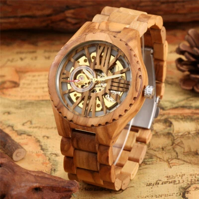 Novel Cherry Wood Men's Self-wind Mechanical Wrist Watch Wooden Bracelet reloj - Image 1 of 4