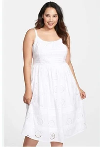 Adrianna Papell Midi Dress 12 White Eyelet Fit Flare Sleeveless Pintuck Pleat - Picture 1 of 12