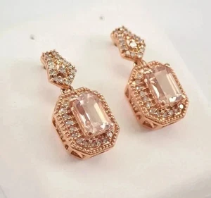 2Ct Emerald Cut Lab Created Morganite Drop/Dangle Earrings 14K Rose Gold Plated - Picture 1 of 6