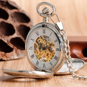 Silver Hand Winding Pocket Watch Mechanical Double Hunter Retro Chain Fob Watch - Picture 1 of 12