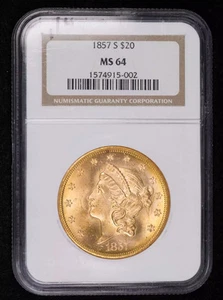 1857 S $20 Double Eagles Liberty Head NGC MS-64 - Picture 1 of 4