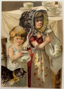 1880s Victorian Chromolithograph Trade Card Two Girls Cat Coffee Pot Advertising - Picture 1 of 2