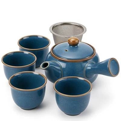 Japanisches Kyusu Teeset „Umi“ –  Seitengriffkanne mit Edelstahlsieb 4 Tassen - Bild 1 von 4