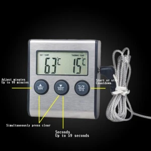 For Grill Oven BBQ Timer Remote Digital Cooking Meat Thermometer W/ Probe Silver - Picture 1 of 8