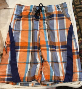 Exist Men's Sz XL Cargo Swim Trunks Board Shorts Orange Blue Plaid - Picture 1 of 12