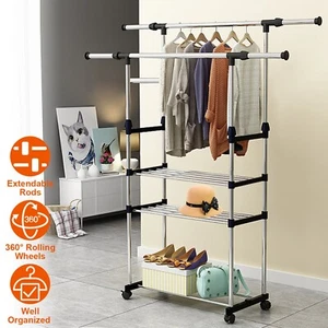 Heavy Duty Clothing Garment Rack 3-Tier Rolling Clothes Shoe Organizer 2 Rails - Picture 1 of 12